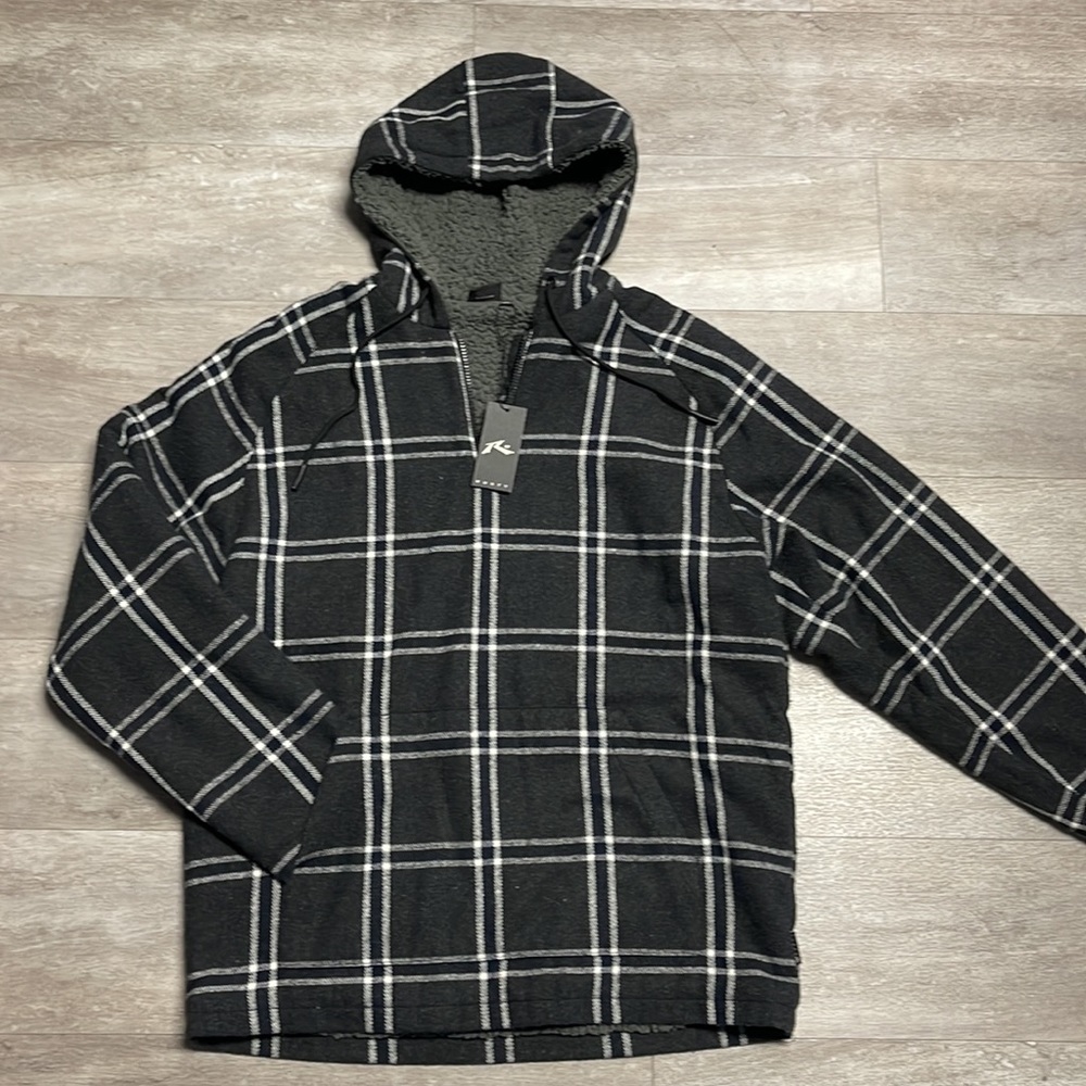 Mens Rusty Chuck Hooded Fleece in Charcoal Plaid size Large